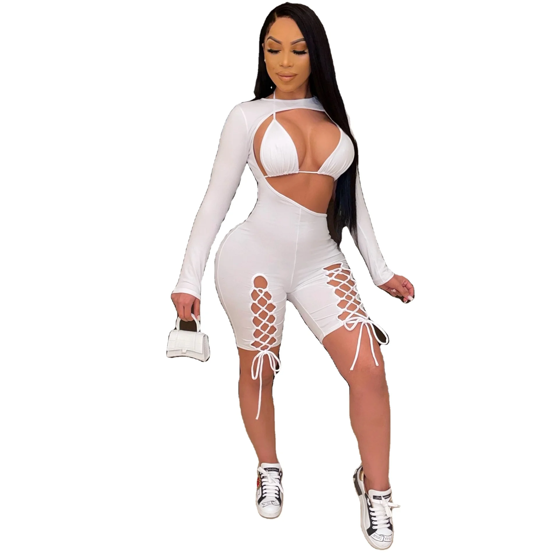 

New style long sleeve lace up high stretch sexy nightclub summer 2 piece sets plus size trendy two piece sets