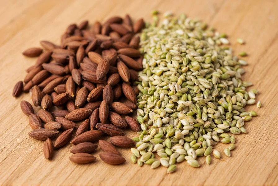 Close-up comparison of anise seeds and fennel seeds side by side on wooden background