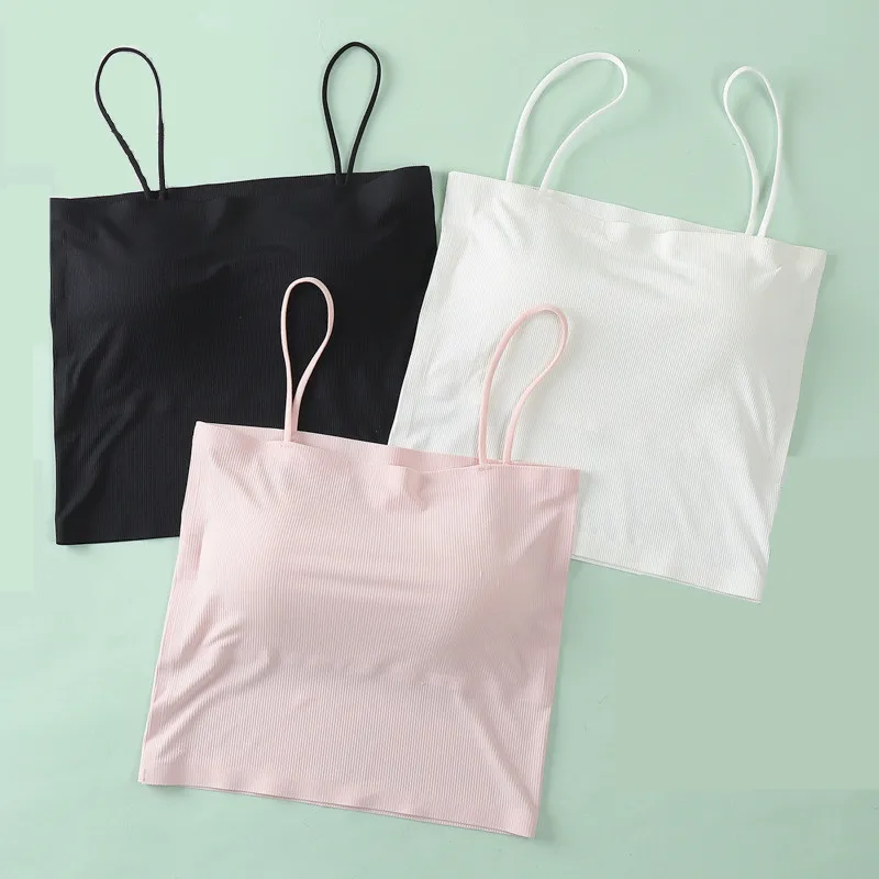 

Summer Women's one-piece Ice Silk Simple Thread Strap Wrapped Chest traceless Crop Top Sling Bra Tank Tops with bra pad, Black,pink,white