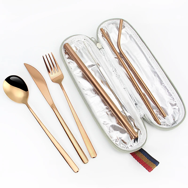 

Reusable 304 Stainless Steel Office Utensil and Metal Straw Portable Travel Cutlery Set with Case