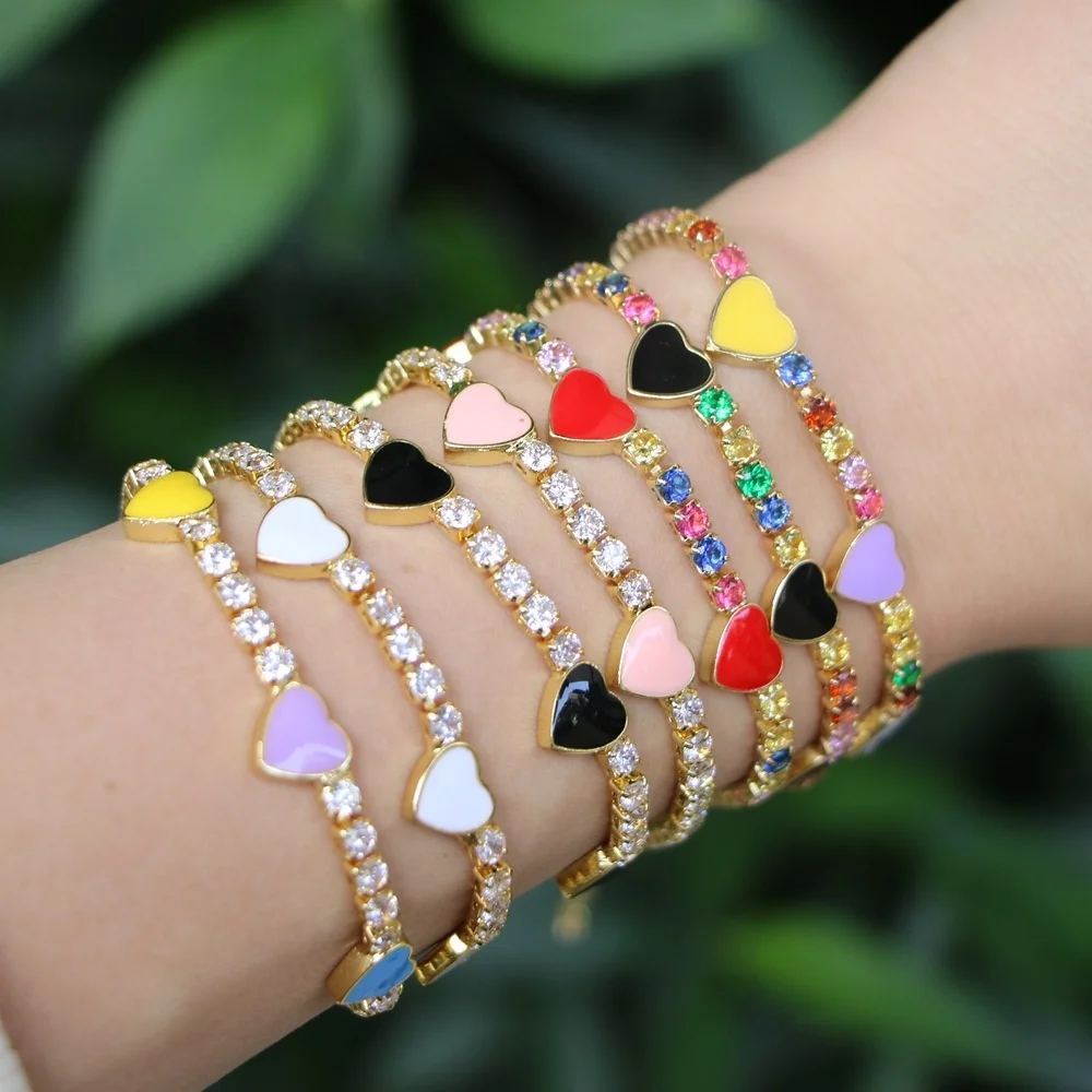 

2022 Luxury Stacking Jewelry Gold Plated Colorful Enamel Heart Star Rainbow Charm CZ Tennis Chain Bracelet Necklace Women, Customized color