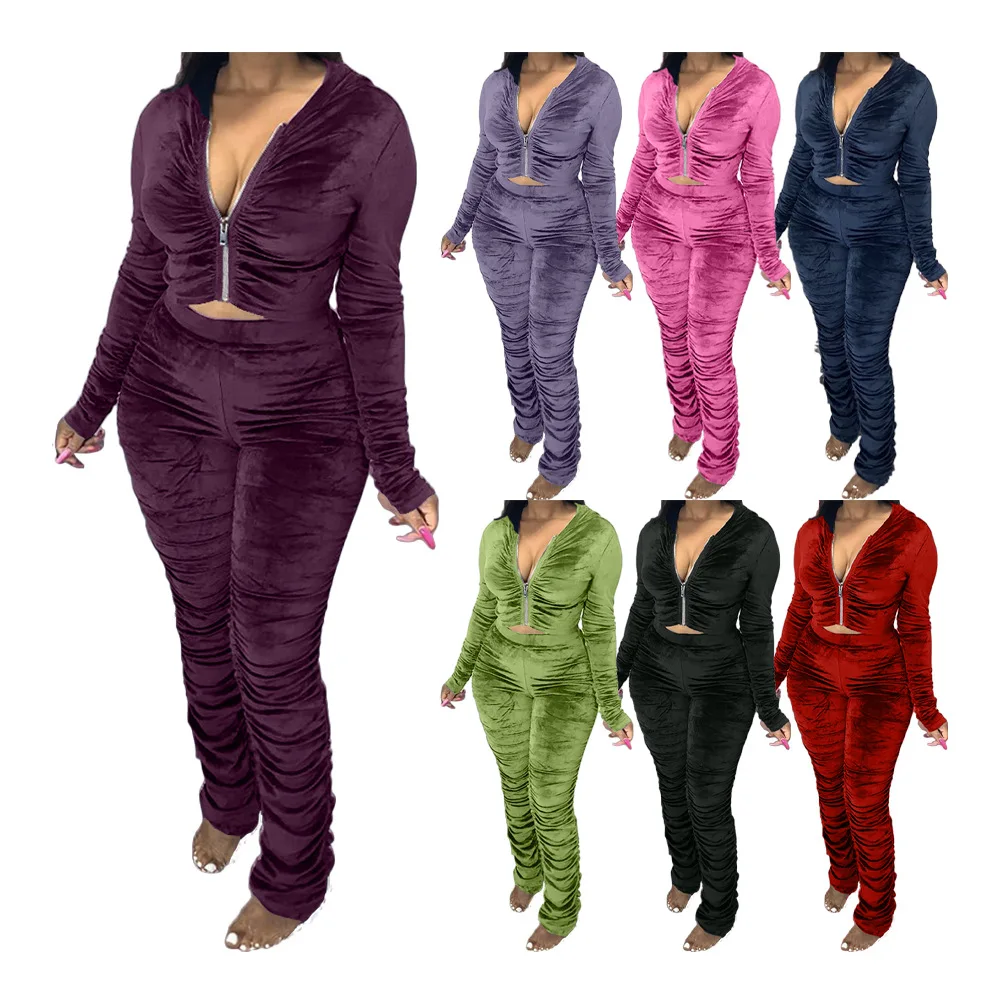 

3XL plus size women velour hoodie jogger tracksuit velvet 2 piece stack pants set, Purple, green, pink, blue, black