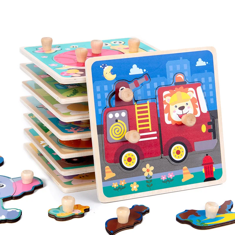 

New 3D wooden grasping board jigsaw puzzle children early education puzzle cartoon animals matching wooden toys