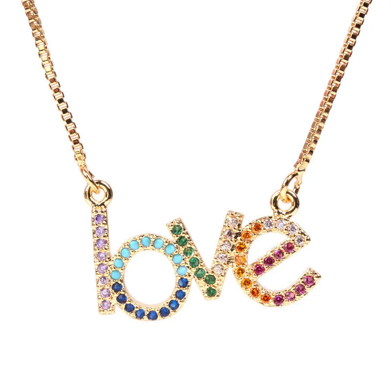 

Bling Colorful Zircon Letter Love Necklace Gold Plated Pendant Women Fashion Jewelry Love Letter Necklace, Gold or customized