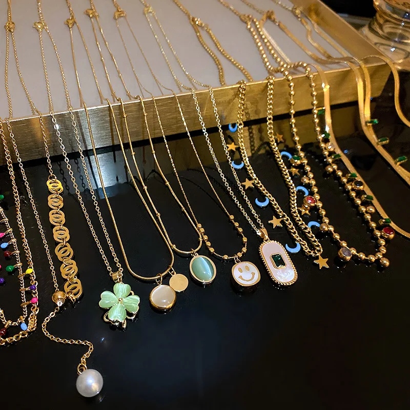 

Korean Fashion Stainless Steel emerald zircon geometric necklace Butterfly pearl Tassel Necklace for Women Jewelry