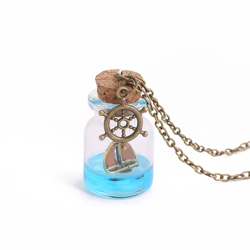 

Glow In The Dark Sea Water Drift Bottle Necklace Pendant Jewelry Luminous Glass Bottle Pendant Necklace With Boat Anchor, Picture shows
