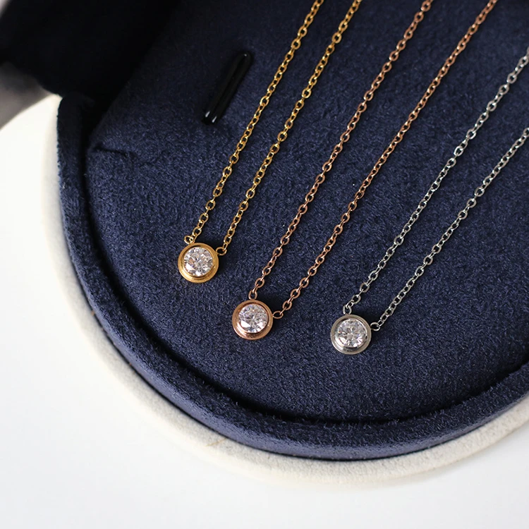 

Classic single diamond necklace for girls Bezel-Set Solitaire Pendant Necklace Round CZ dainty necklace rose gold color, Optional as picture,or customized