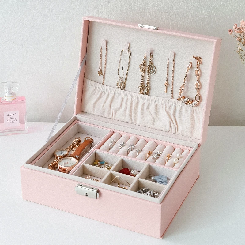 
Custom wholesale Sell well Tray Showcase Ring Luxury Display leather With lock jewelry Organizer jewelry Storage Box 