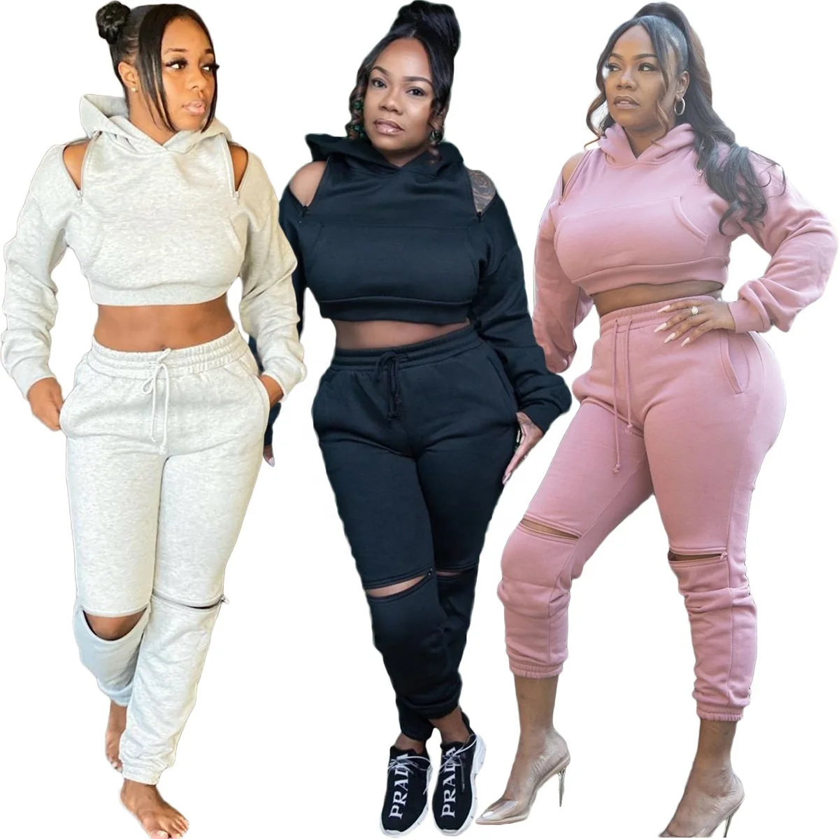 

Wholesale t Hole tracksuit Solid Color Pleated Pants Long Sleeve Top 2 Piece Set Outfits jumpsuits for women