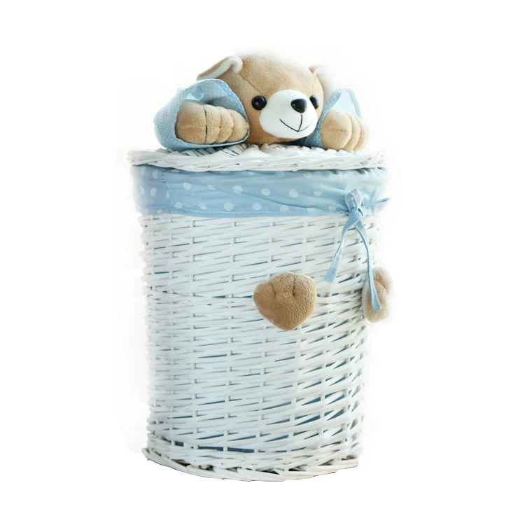 

Everyone's favorite little bear wicker woven laundry storage basket with lid, White, blue.