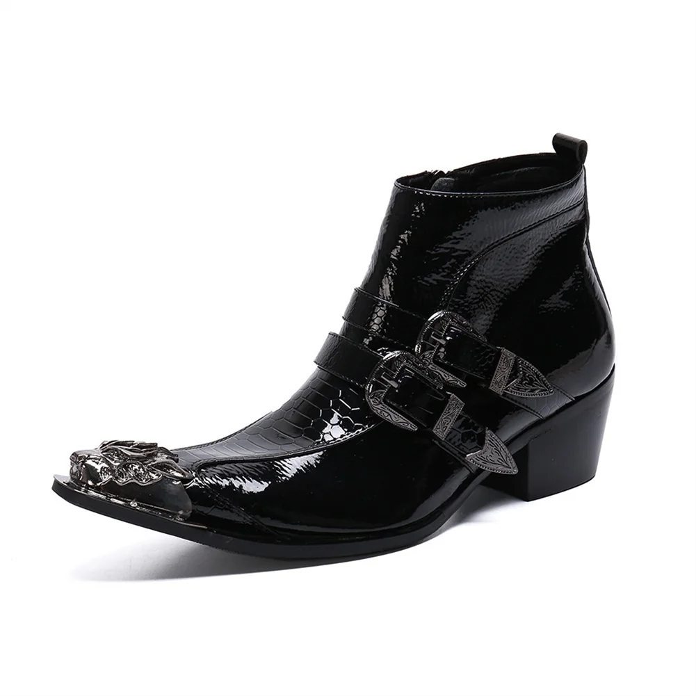 

High Top Fleece Lining Men Boots Genuine Leather Metal Pointed Toe Double Metal Strap High Heel