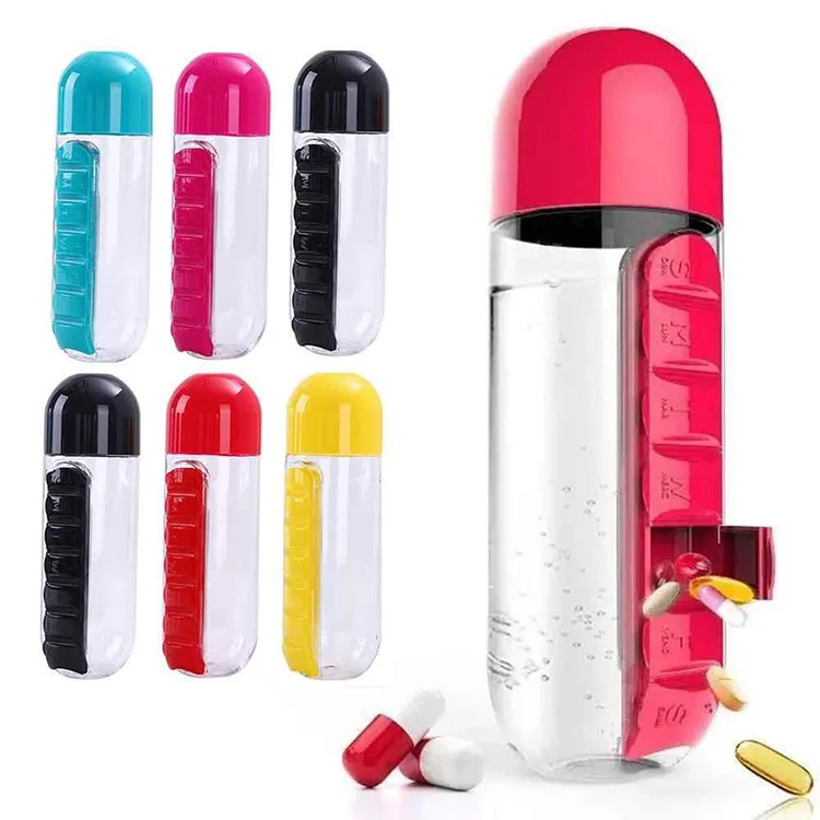 

Wholesale 700ml BPA Free Tritan Pill Organizer Plastic Drinking Water Bottle With Pill Box Storage, Blue,red,green and purple