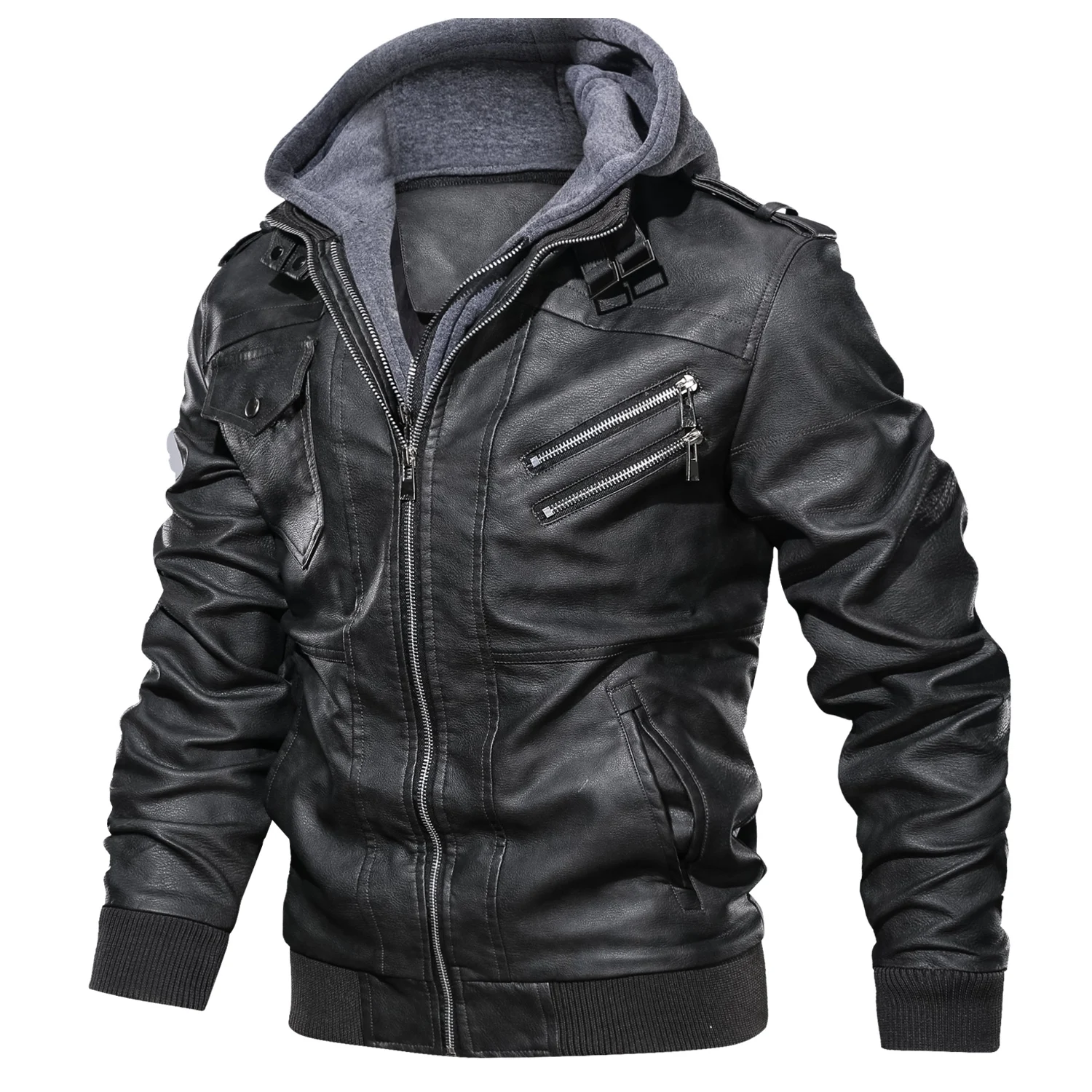 

Wholesale Men's Faux Leather Jacket Hooded Fleece Bomber Jacket Coat Motorcycle Jacket, Customize colors