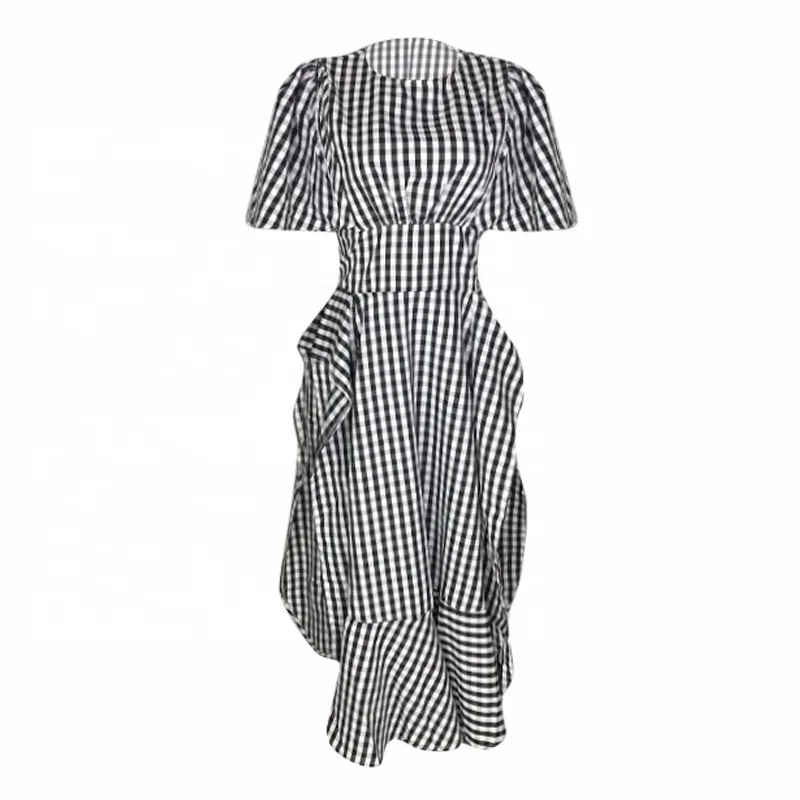 

CHICEVER Split Dress Plaid Short Sleeve Tunic High Waist Ruffles Large Size Long Dresses Elegant