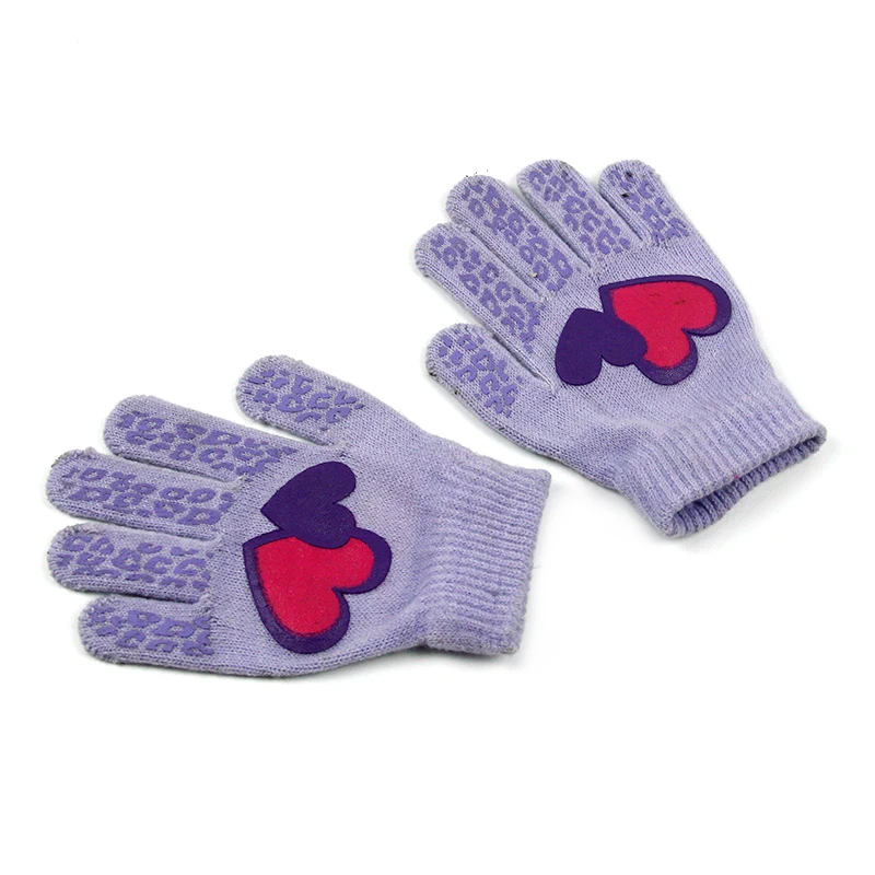 工厂批发防滑橡胶印花冬季紫色儿童手套