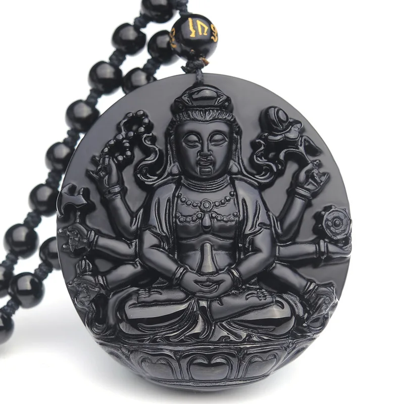

Natural Obsidian Pendant Carved jewelry Black Guanyin Buddha Necklace HYSD17
