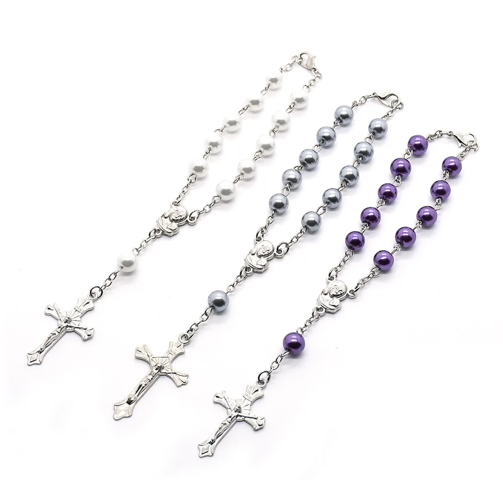 

2021 Komi Wholesales Catholic Rosary Bracelet Imitation Pearl Christ Cross Jesus Virgin Mary Rosary Bracelets