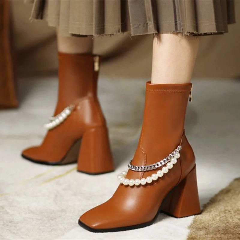 

Winter Shoes Women Fashion Ankle Boots Pearl Chain Square Toe Lovely Booty Short Chunky Heel Plus Size 46, Black beige brown