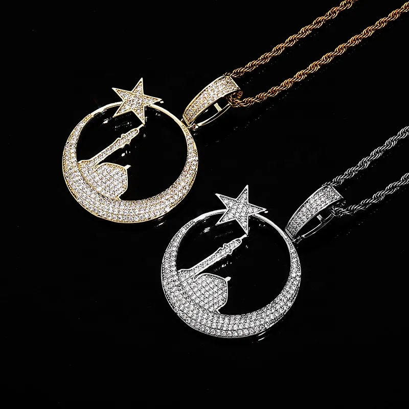 

New hot Top Luxury Gold Silver color Star Castle Iced Out Cubic Zirconia Pendant Necklace Hip Hop Fashion Jewelry Women Gift, Color,silver golden