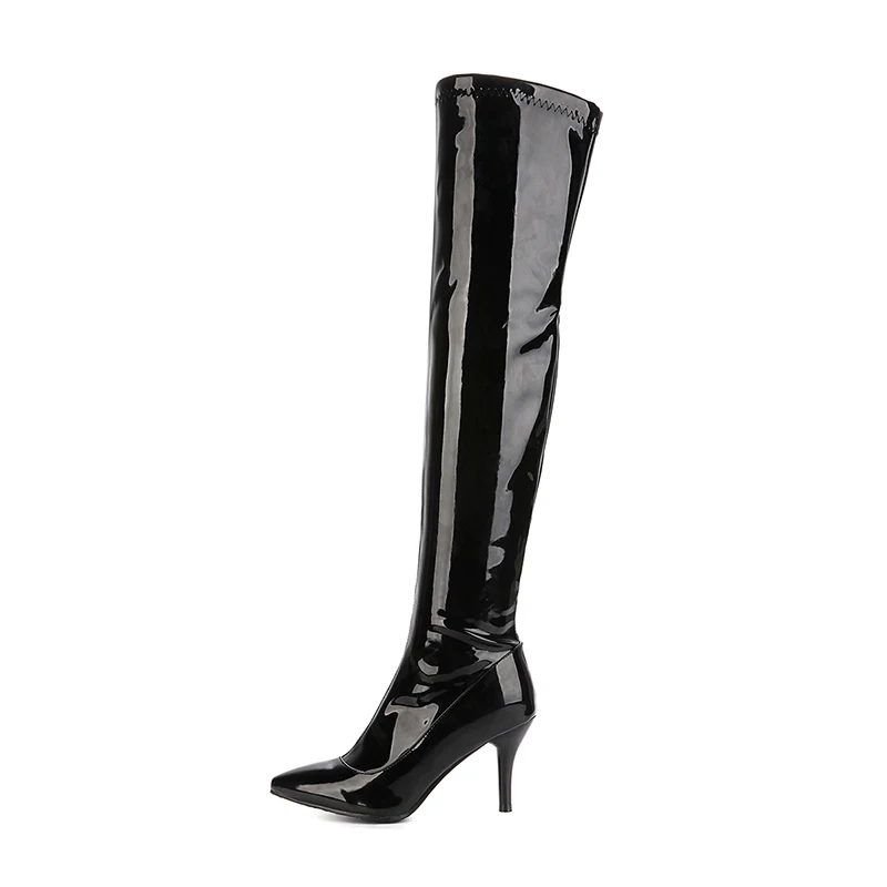 

Autumn Winter Fashion Pointed Toe Glossy Black Patent Lady Over-the-Knee Leather Stilettos Boots, Black white red