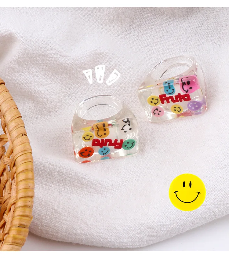 

China jewelry supplier transparent white cartoon animation ring resin ring homemade smiley crystal square ring