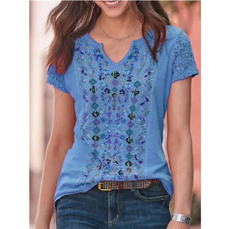 

2021 summer new print V-neck Vintage T-shirt