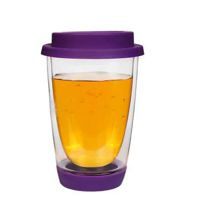 

2021 New Arrival Thermal Cup Purple Silicon Lid Bottom Colorful Double Wall Glass Mugs 350ml 12oz