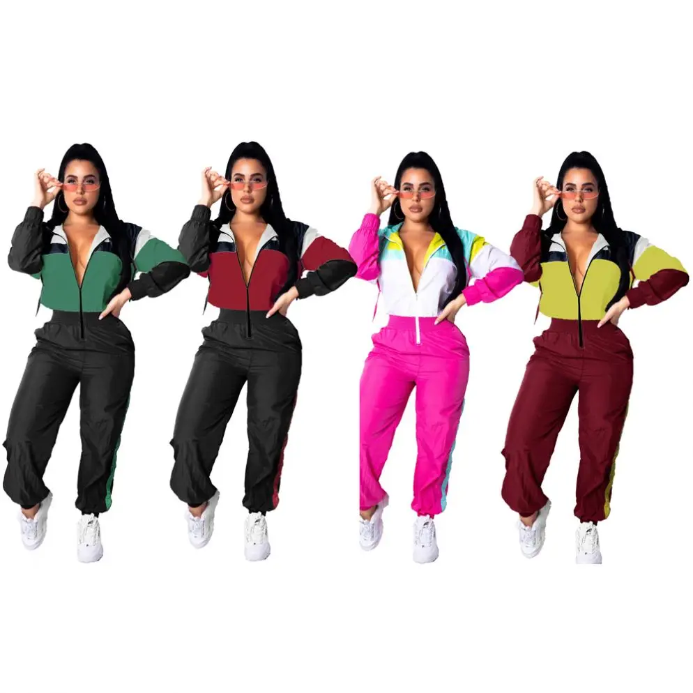 

Winter Hot Selling Patchwork Loose One Piece Sports Windbreaker Sweatsuit Mujer De Jumpsuit, Red, pink, green, yellow