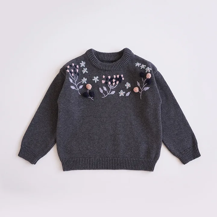 

91110542 autumn girls sweater for baby cardigan hand made embroidery flower navy wholesale kids children's clothing boutiques
