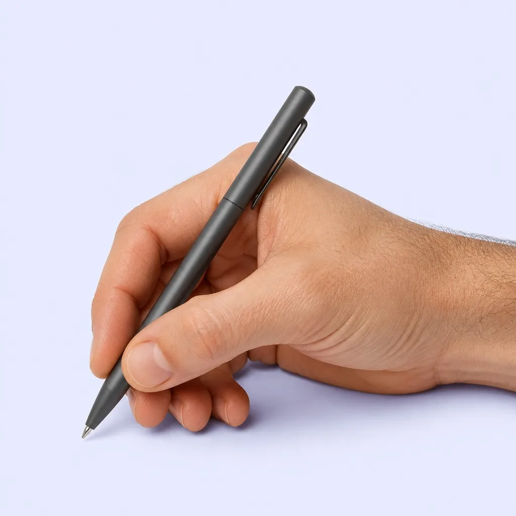 Hand holding a graphite gray pen in a signing position