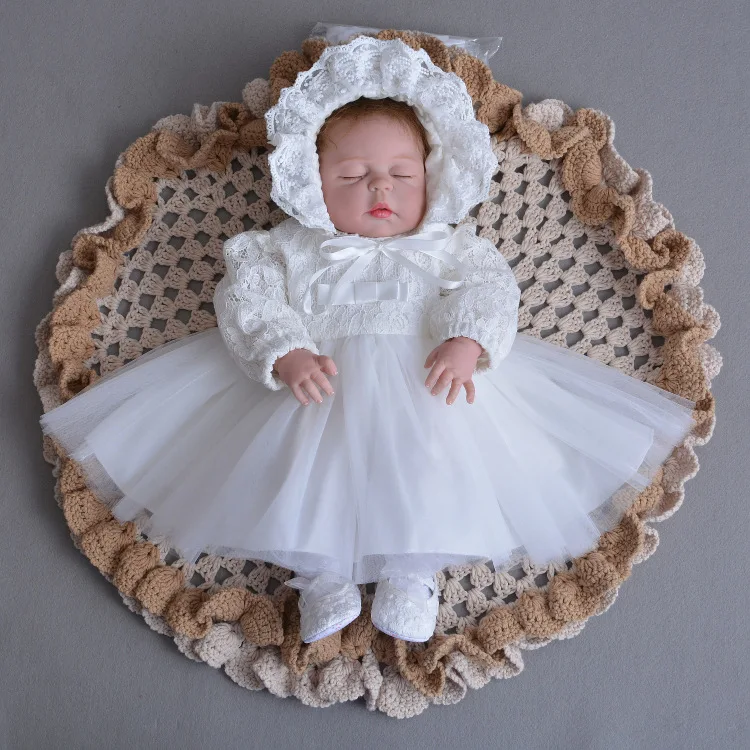 

White lace long sleeve baby gril baptism dresses with hat 0-3 months christening dress baptism, White, pink
