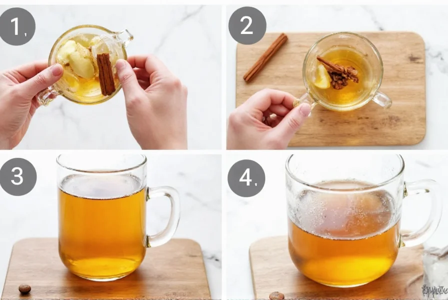 Step-by-step preparation of ginger and cinnamon tea showing ingredients and brewing process