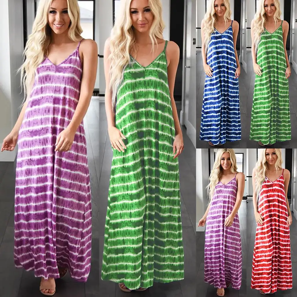 

Women's New Summer Dress V-neck Mid-length Dress Large Swing Loose Striped Dress, Picture color