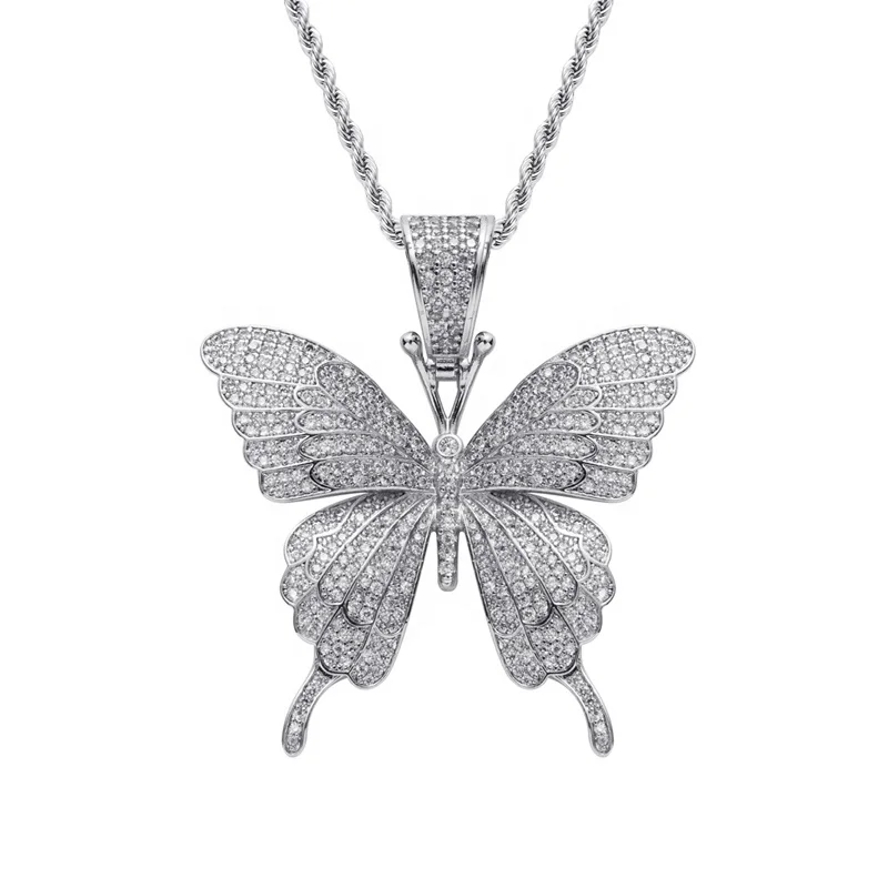 

Iced Out Diamond Butterfly Pendant Necklace with CZ Stones Gold Silver Plated Stainless Steel Chain Hip Hop Jewelry Necklaces