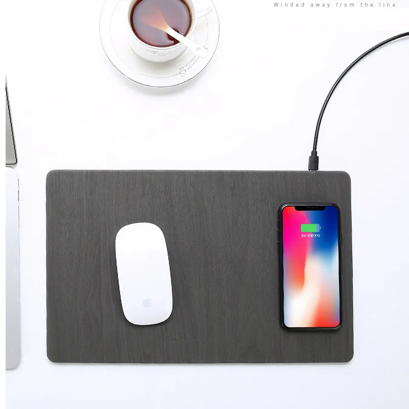 

QI New 10W Creative Wireless Fast Charging PU Leather Mouse Pad Wood Grain PU Leather Mobile Phone Wireless Fast Charging