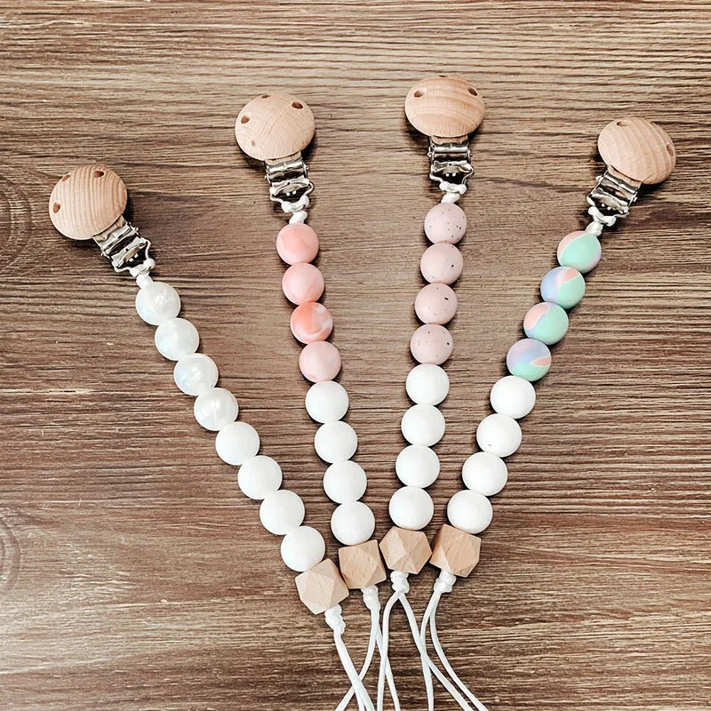 

Baby Mix Color Silicone Beads Dummy Clip Wooden Infant Pacifier Clip