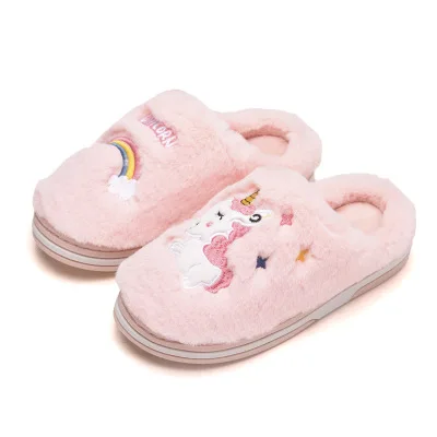 

New Arrivals Furry Thermal Children Shoes Rainbow Cartoon Kids Winter Home Slippers Warm Soft Sole, Brown,gray,dark pink, pink,purple
