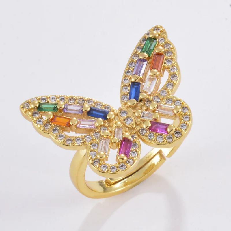 

High Quality Luxury 18K Real Gold Plated Colorful Cubic Zircon Butterfly Rings Rainbow Color Crystal Rhinestone Butterfly Rings