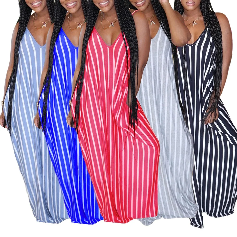 

MT57-9992 New Arrival summer striped long loose casual sexy fashion ladies deep V Neck Sleeveless slip maxi dress
