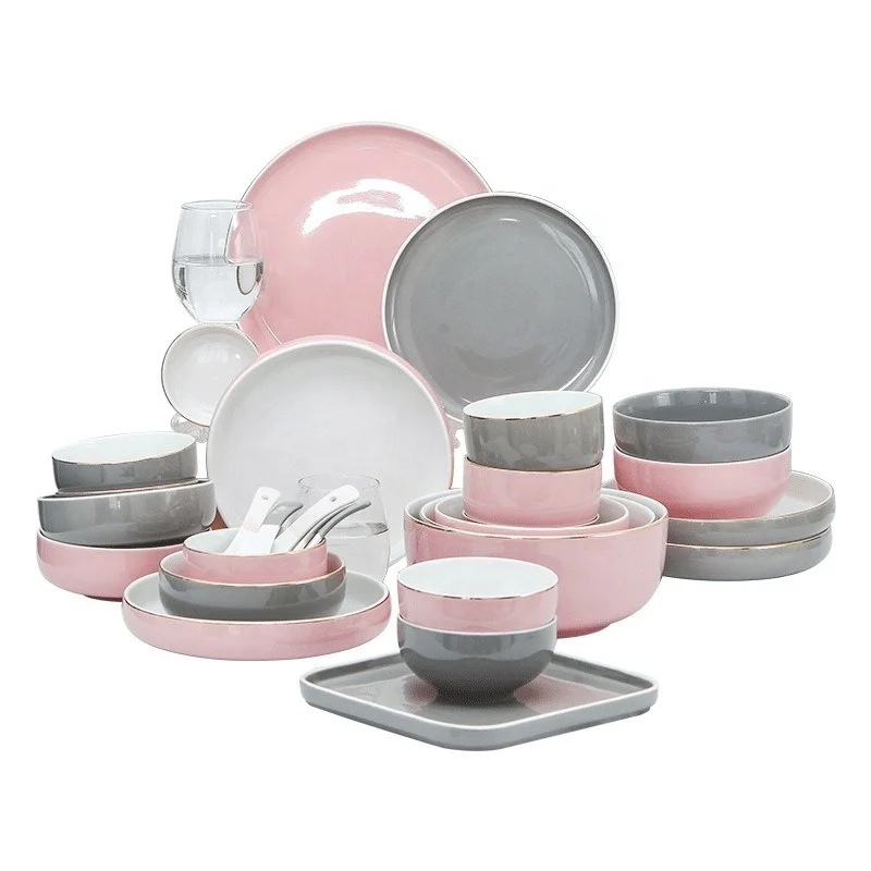 

Dinner Sets 32 Piece Dinnerware Family Restaurant Hotel Classic Dishes Bowl Round Pottery Cutlery ceramic plates and bowls