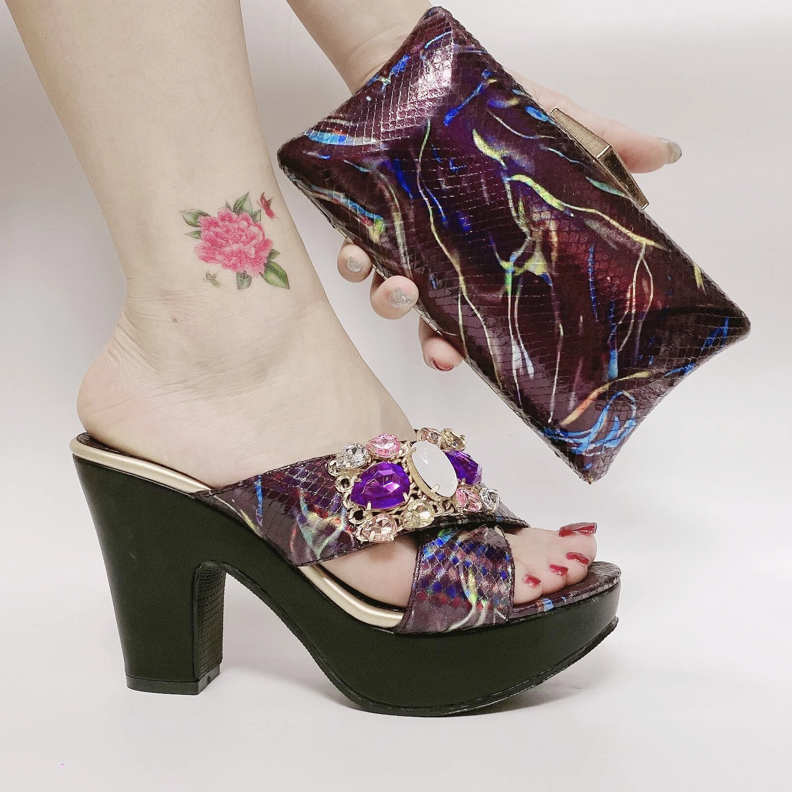 

Fashion High Heeled Shoes and Bags Set for Women Pumps Summer Square Heeled Slippers Heels with Matching Purse Set Party