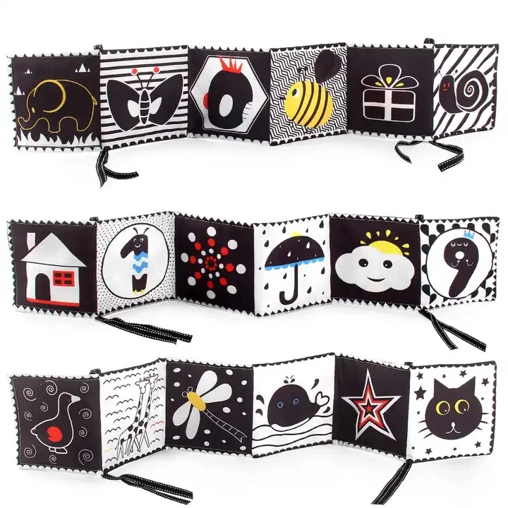 

Baby Sensory Toys Cartoon Cloth Book Set Baby Early Learning Bed Surround Montessori Cloth Book Soft Toys Unisex Black and White
