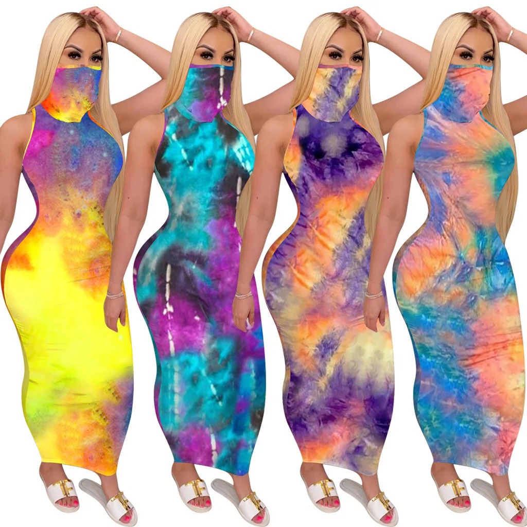 

J9772 Summer Women Tie Dye Sleeveless Dress With Face Cover Girls Sexy Summer Tie Dye Long Dress Maxi Dress with face, Colorful
