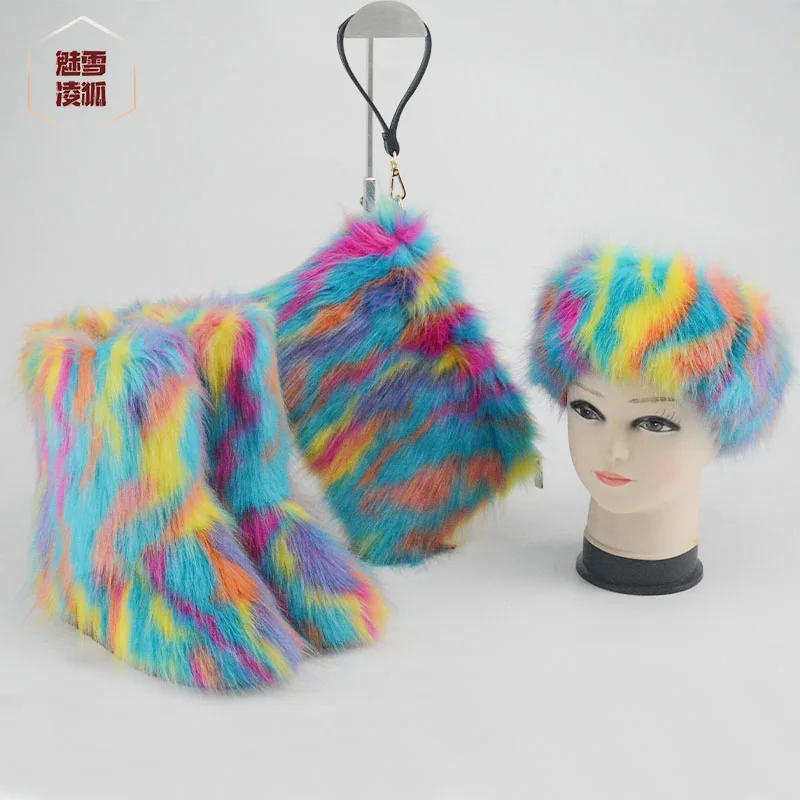 

new arrival bag sets winter boots women shoes fur headband ladies faux fur boots with fur purse, Customized color