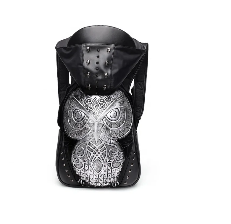 

3D Animal Owl cool rivet design pu leather Backpack hooded with hat, Black, golden , silver