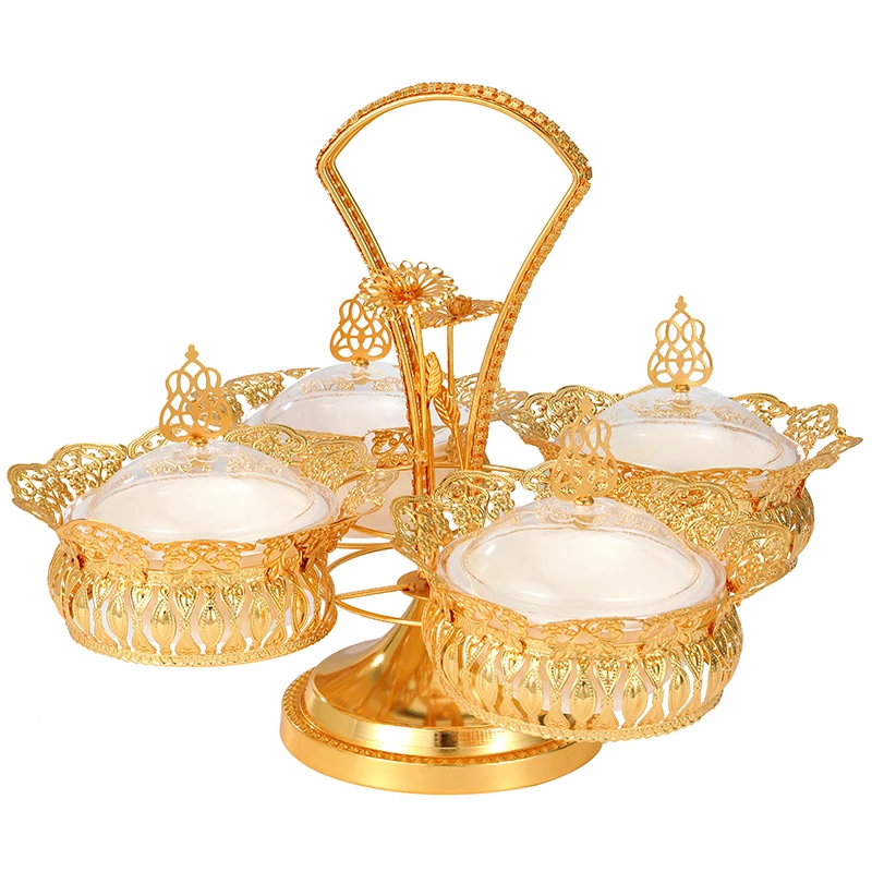 

2022 New Design Arabic Style Acrylic Chocolate Holder Metal Cake Plate Cookies Dishes Fruit Snack Dish Candy Box, Gold
