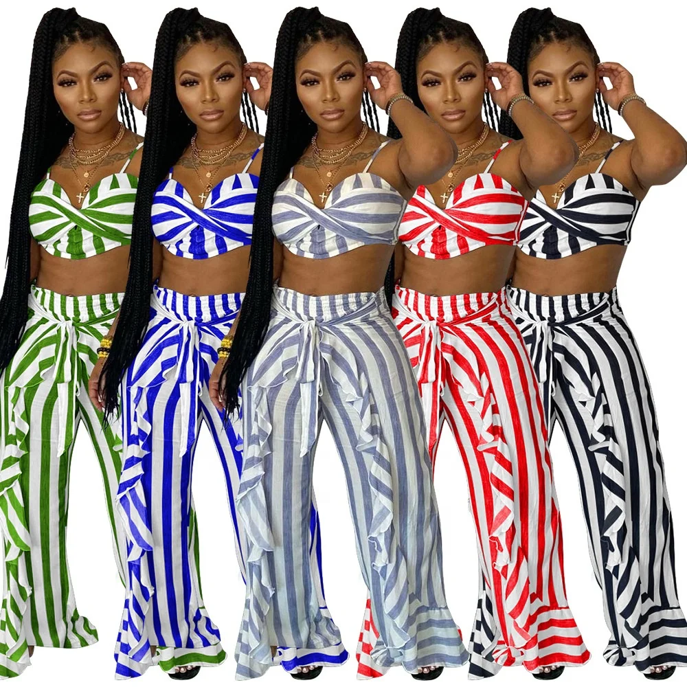 

MT01-201 Wholesale Ladies Striped Sling Top Long Wide Leg Flare Pants Two-piece Women's Pants women clothing sets