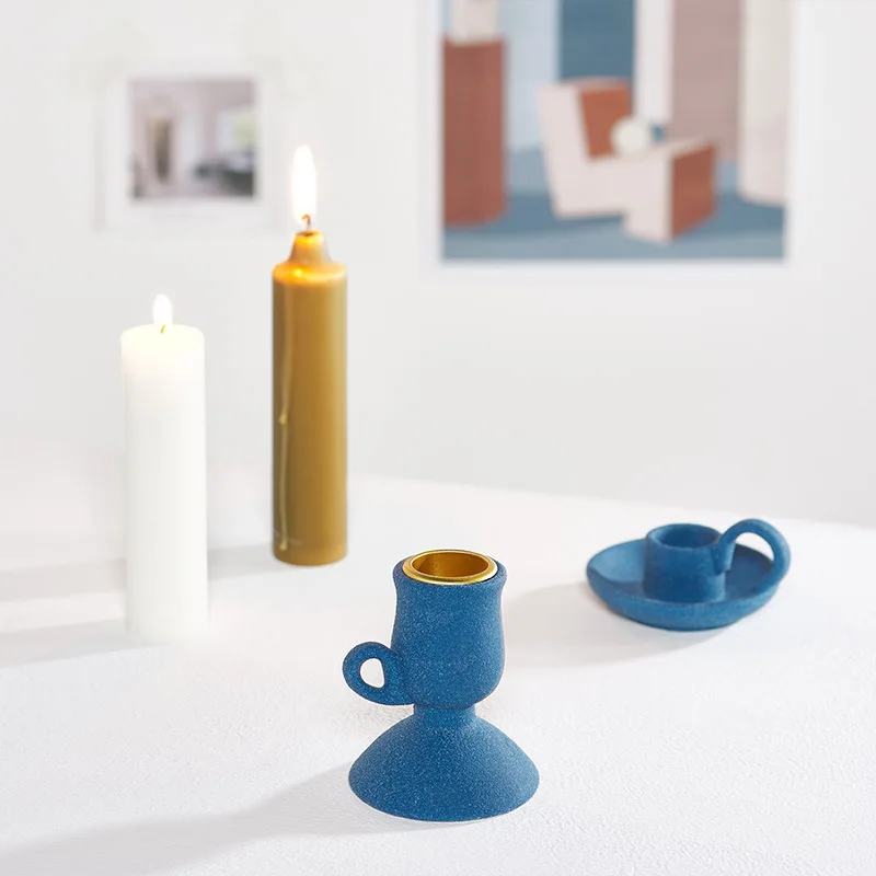 

Cheap price wedding decoration candle stick jars modern design custom crafts ceramic blue candlestick with handle for home decor