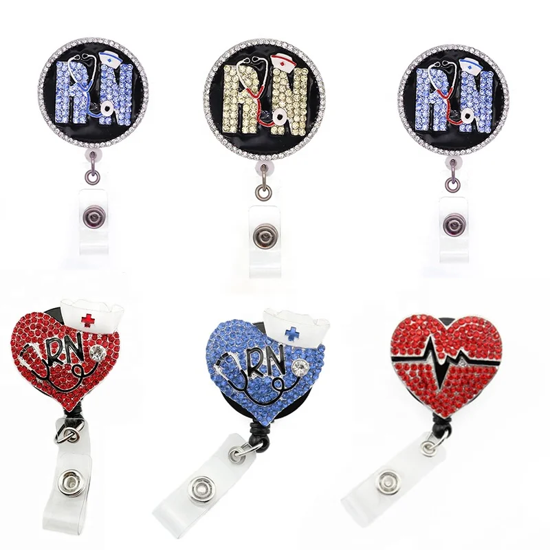 

2021 lailina Medical Nurse EKG Stethoscope Heart RN Rhinestone Retractable Badge Reel With Clip For Nurse Accessories, Vintage