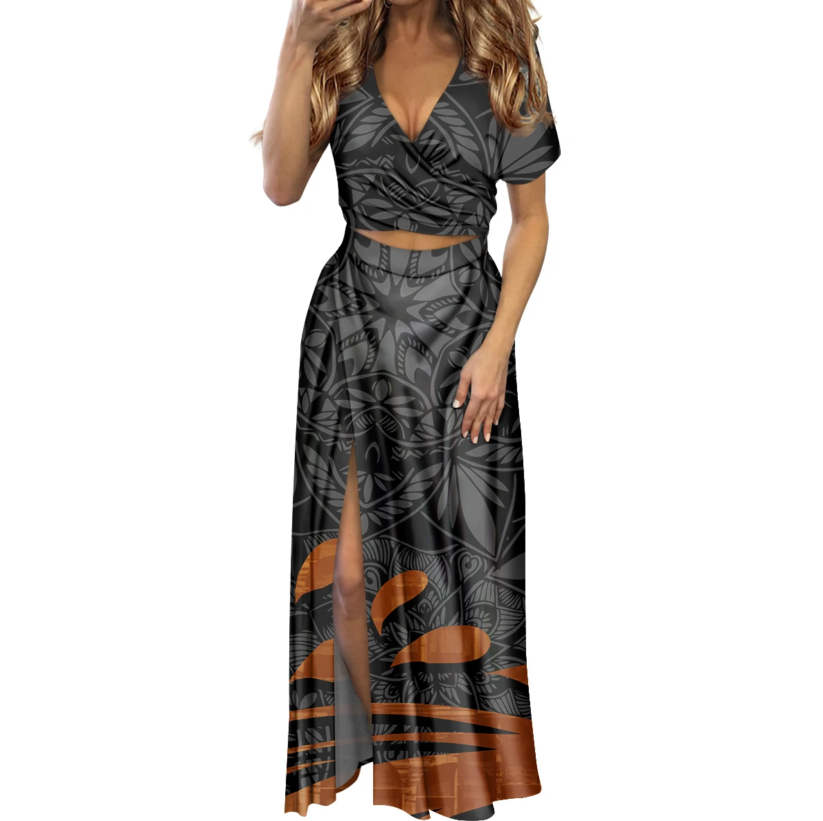 

Polynesian Sexy Black Dress Women 2 Piece Set Clothing V Neck Women Clothing Sexy New Girls Clothes Dress Women Fashion Clothing, Customized color